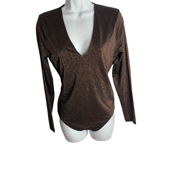 Abercrombie & Fitch NWT Long Sleeve V Neck Sparkle Copper Shimmer Bodysuit Top L - Picture 1 of 6